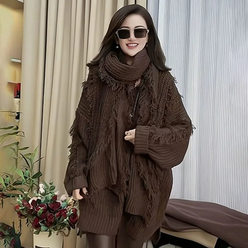 Autumn Winter New Arrival Heavy Industry Tassel Sweater Women Outer Wear Fashion Loose Split Knitted Pullover Sweater Coat Tops