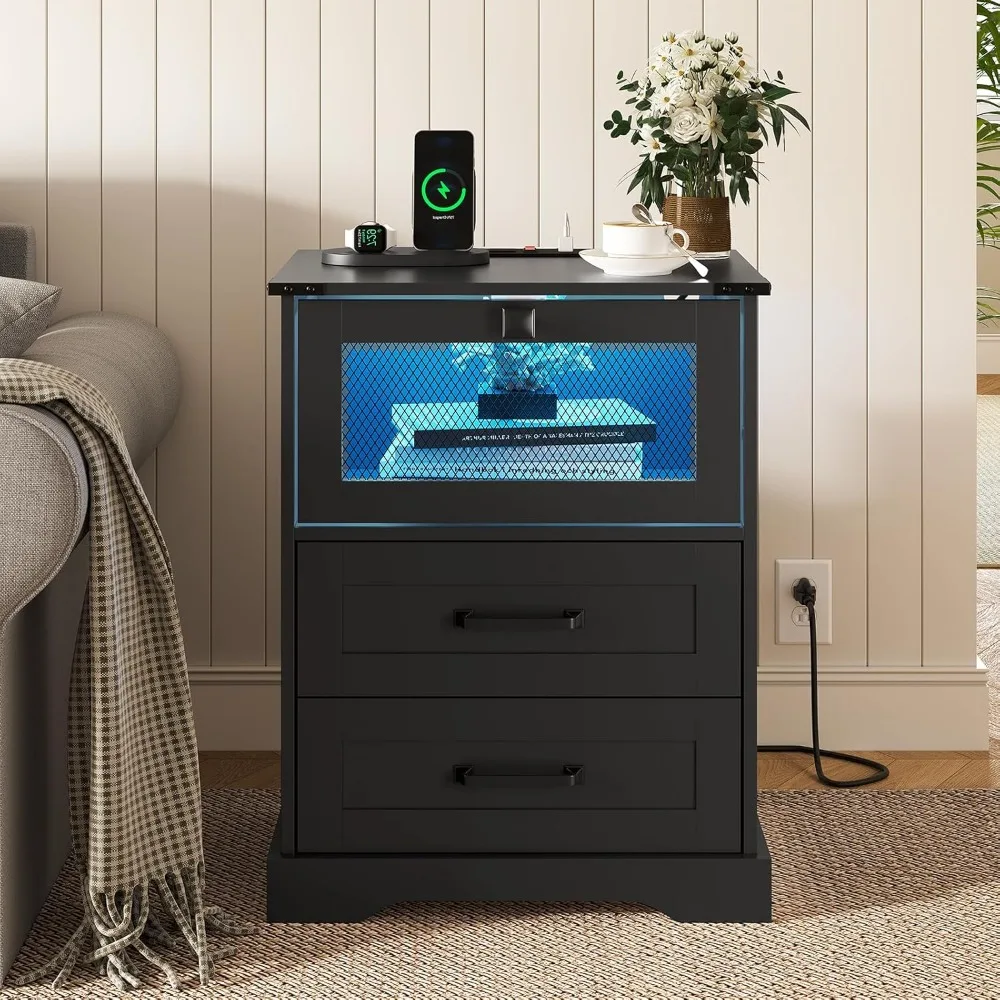 

Комплект из 2 прикроватных тумбочек в стиле фермерского дома с LED-подсветкой и зарядной станцией, прикроватные тумбочки с 2 ящиками и отсеком для хранения