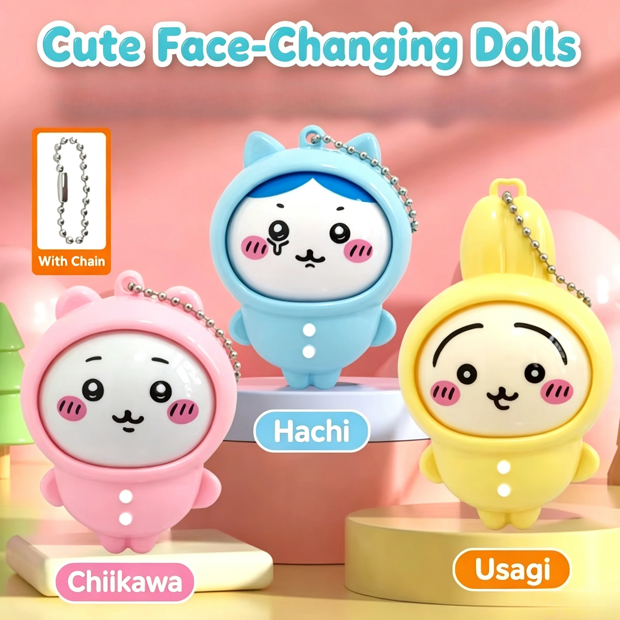 Japanische Anime-Chiikawa-Pyjamaserie, Schlüsselanhänger mit wechselnden Gesichtern, niedlicher, sich drehender Gesichtsanhänger, Sammlerstück, Taschenanhänger, Geschenk für Fans. – Detail 3