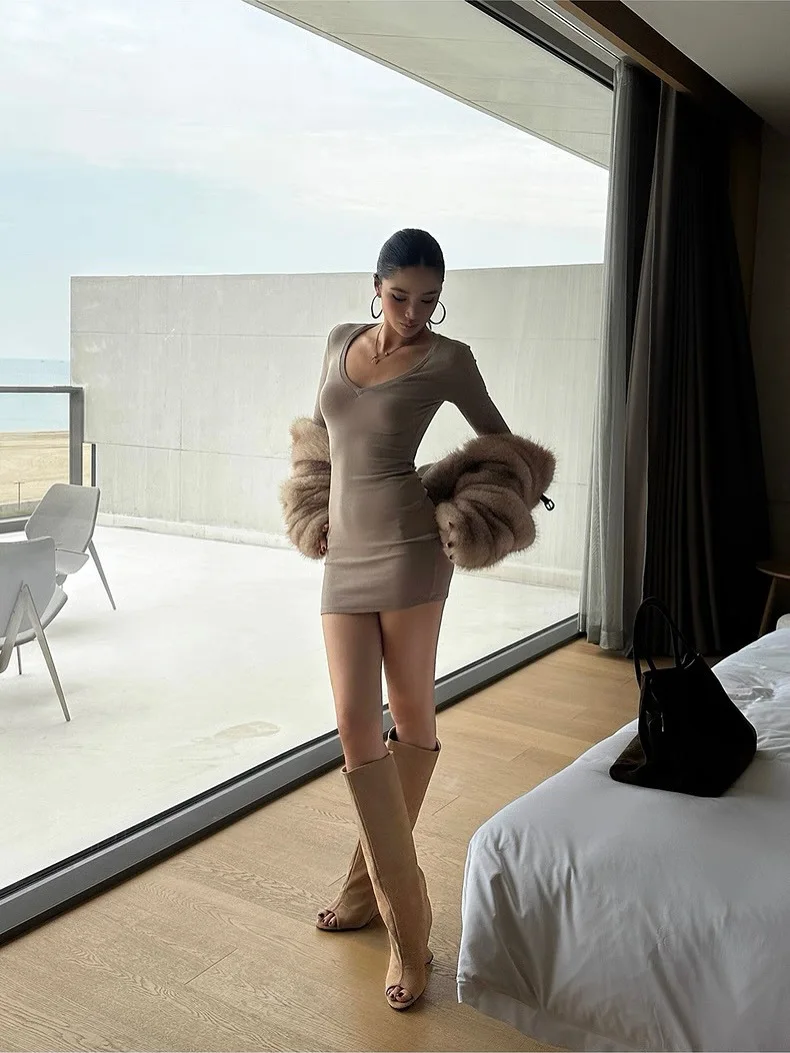 Sommer Amerikanischen Elegante Retro Stil Hot Sexy Mädchen Einfarbig Kleid Abnehmen Sommer Streetwear langarm Bodycon mini Kleid