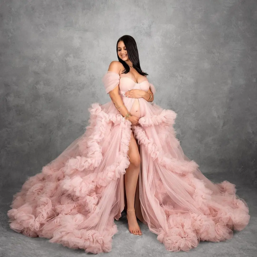 Pink Maternity Dresses for Photo Shoot Women Ruffles Prom Dresses Sweetheart Mesh Tulle vestido de novia Front Slit Maxi Gown