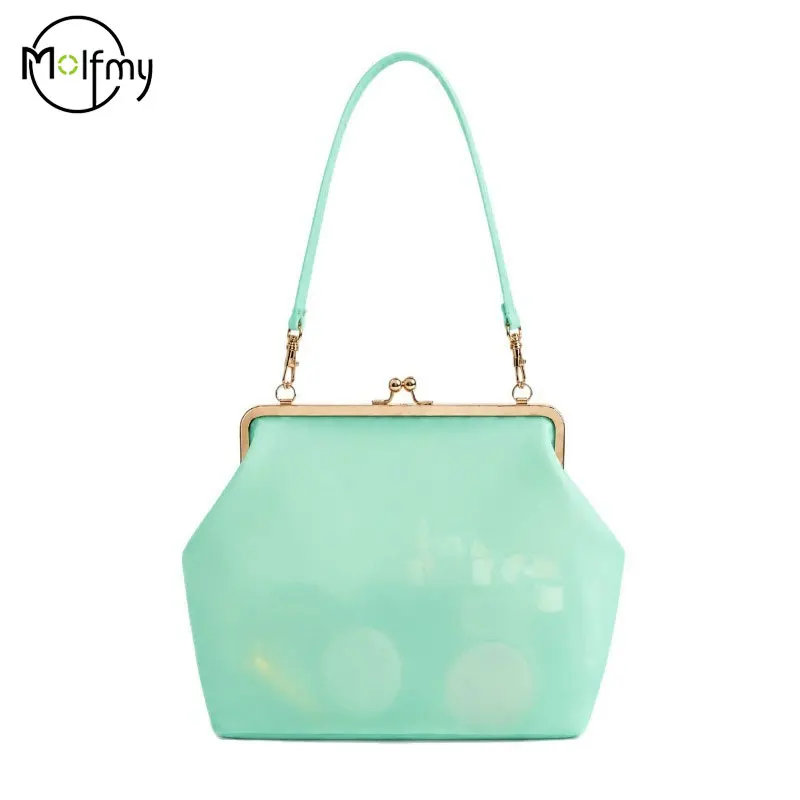Clear PVC Waterproof Jelly Bag Candy Color Clasp Tote Bag Women Lightweight Shopper Pouch Beach Shoulder Bag Work Handbag