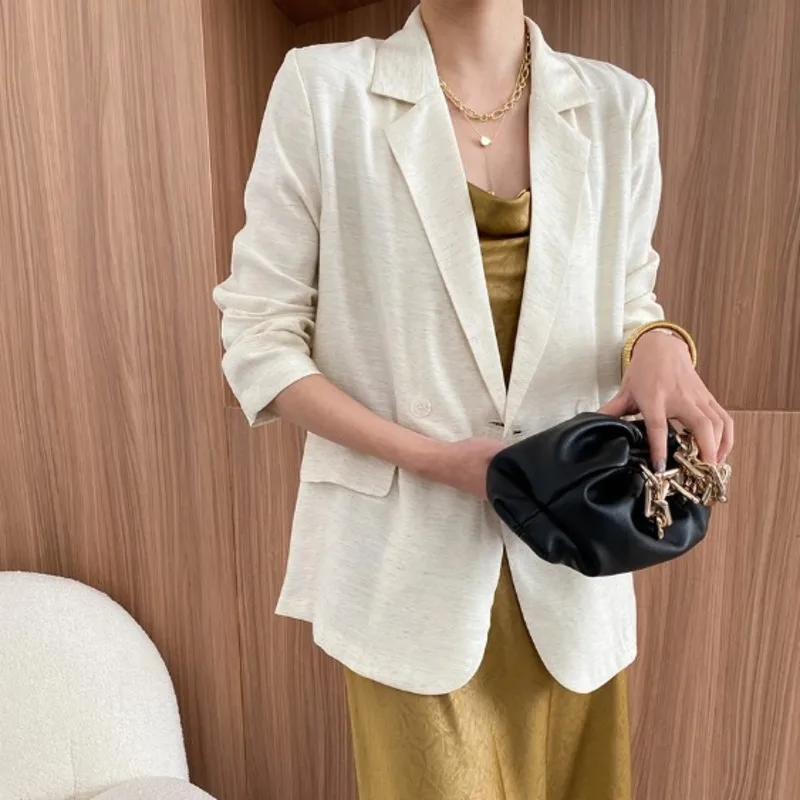 Eeovni versátil linho feminino terno casaco cor sólida botão moda plissado blazer jaqueta senhora do escritório 2025 verão novo 1a1194