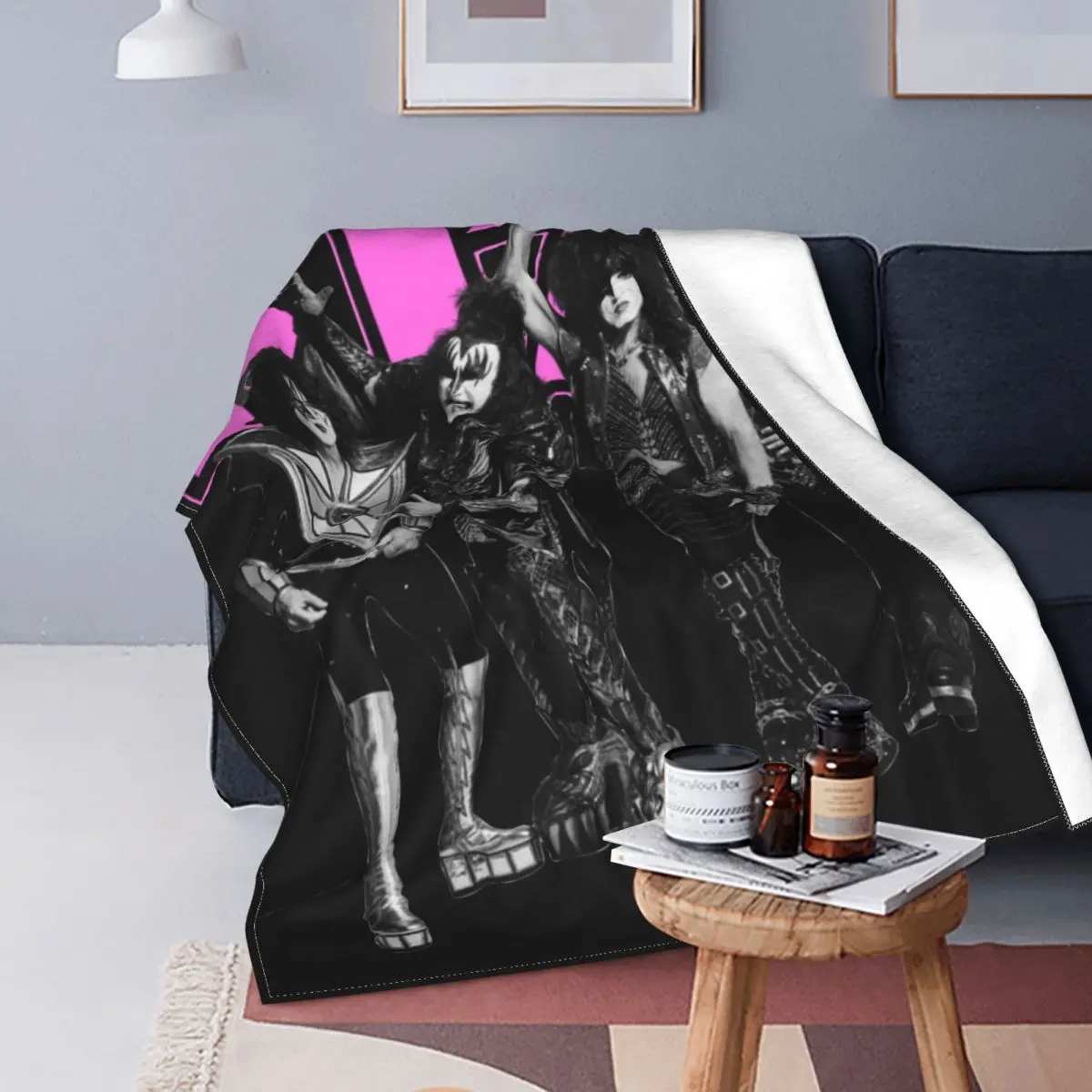 KISS Rock Music Band Blanket Fleece Pink Black and White Version Breathable Warm Throw Blanket for Bed Office Bedding Throws