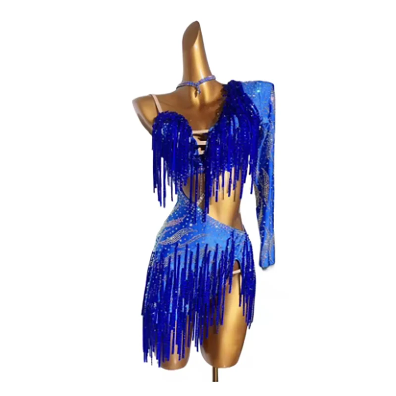 الرقص اللاتيني المرأة الراقية مخصص الماس شريط شرابة كبيرة عارية الذراعين تشا سامبا أداء حجر الراين اللباس