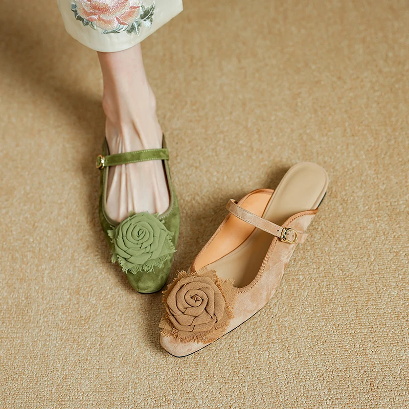 

Suede Lambskin Fairy Floral Closed Toe Women Mules Summer Flat Single Strap Women‘s Slippers Slingback Green Sandals