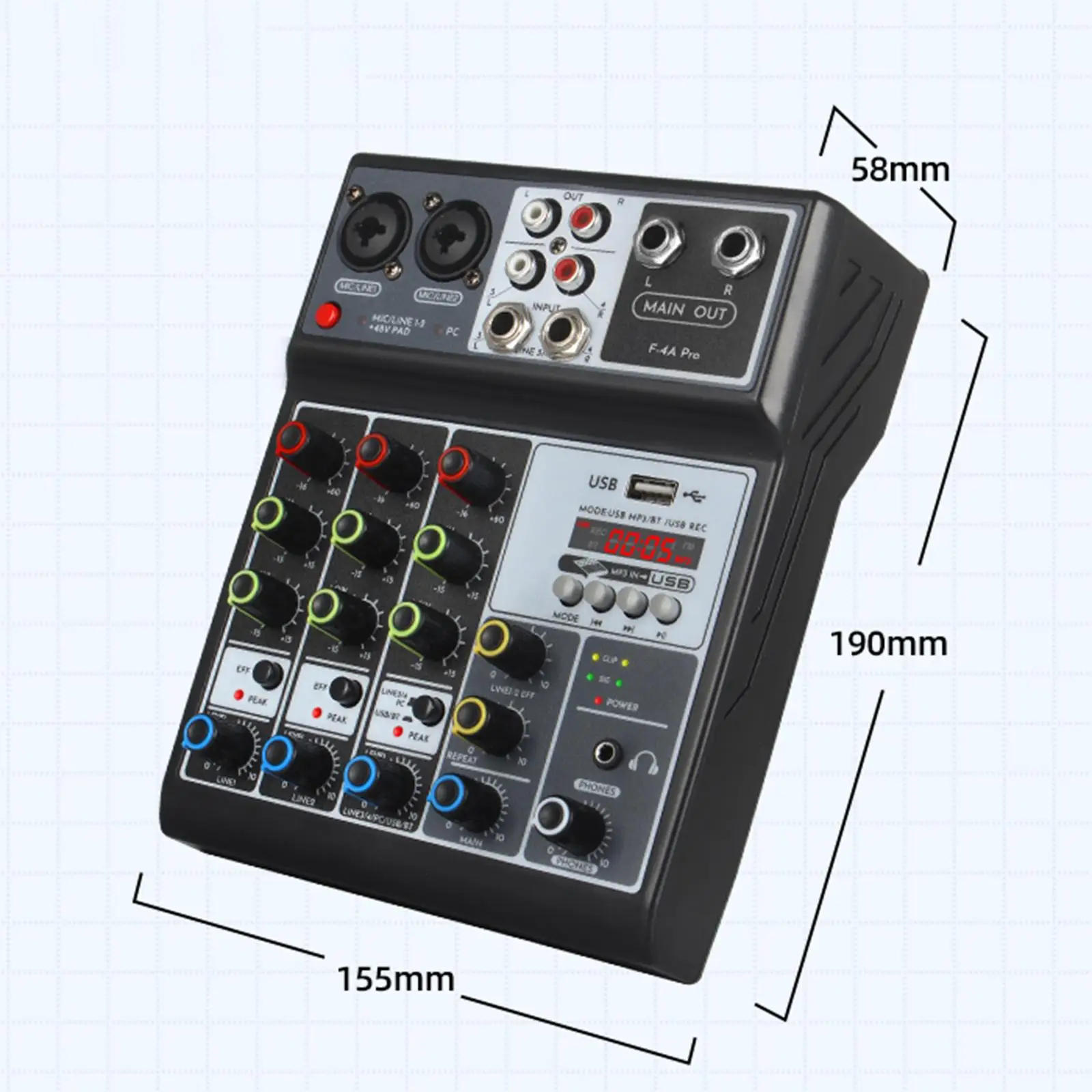 Audio Mixer Suporte USB Bluetooth, 48V Phantom Power, Placa de Som, Mixing Console para Gravação, Festa, Computador, Desempenho, Palco