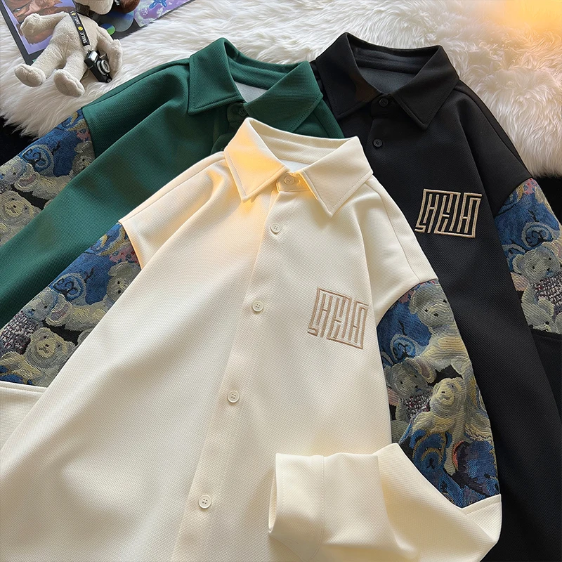 Embroidery Patchwork Bear Long Sleeve Shirt for Men Retro Loose Couple Shirt Jacket Large Size Unisex Blouses