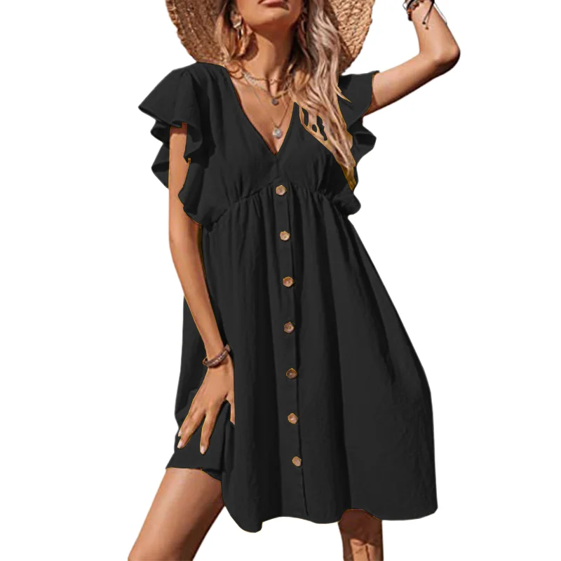 

Short Sleeve Black Ruffle Dresses Women 2024 V-Neck Loose High Waist Sexy Dress for Summer Fashion Female Bohemian Sundress