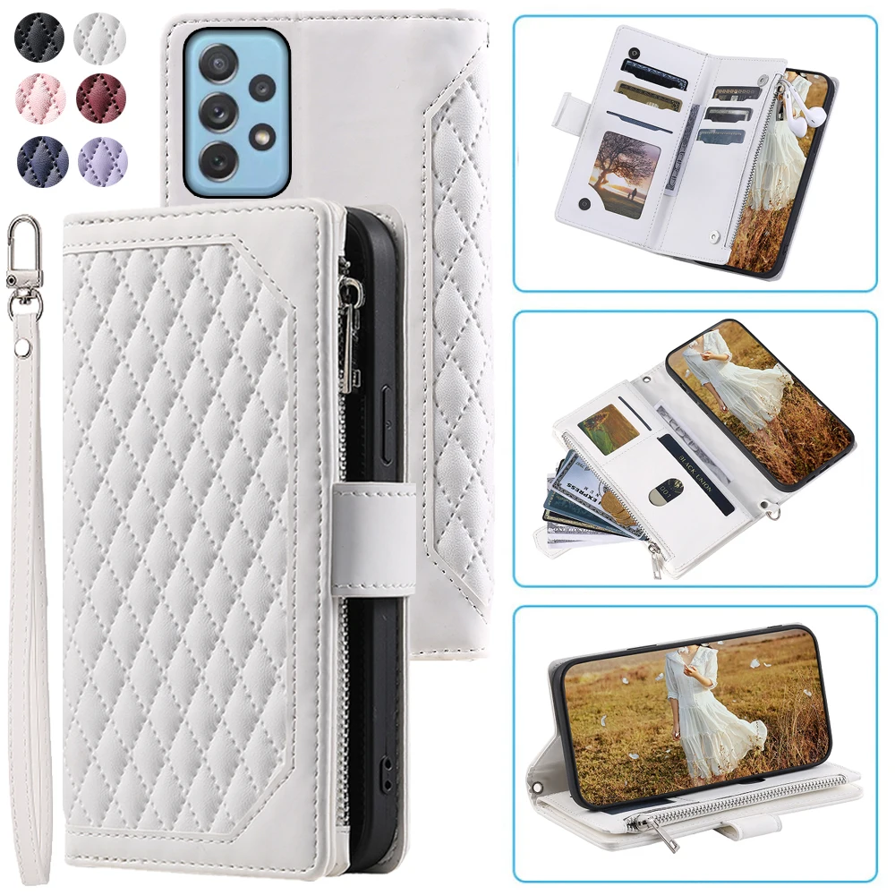 Fashion Zipper Wallet Case For Samsung A72 5G Flip Cover Multi Card Slots Cover Phone Case Card Slot Folio with Wrist Strap