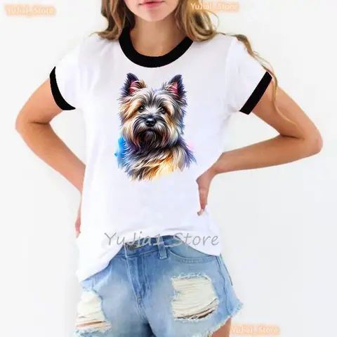 다채로운 Cairn 테리어 개 동물 프린트 티셔츠, 소녀 여름 패션 반팔 티셔츠, 여성 하라주쿠 셔츠, 재미있는 티셔츠