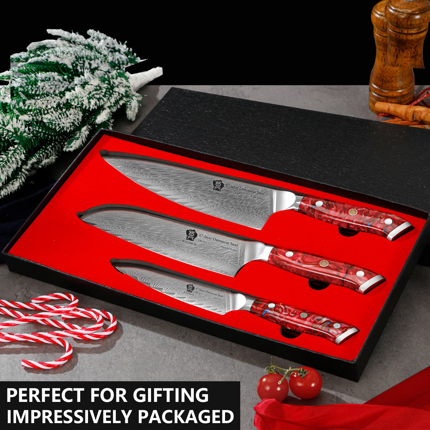 WILDMOK Set of 3 PCS Professional Damascus VG10 Steel Kitchen Chef Knife Set ,Ergonomic Resin Handle Elegant Gift Box