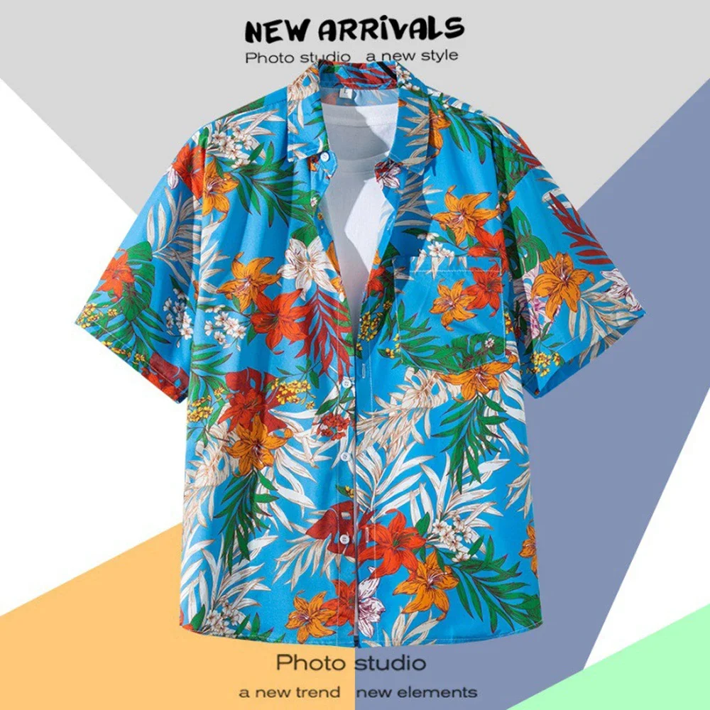 Kemeja Hawaii pria, kerah kancing cetak lengan pendek baju bunga Retro Hong Kong liburan musim panas kemeja pantai