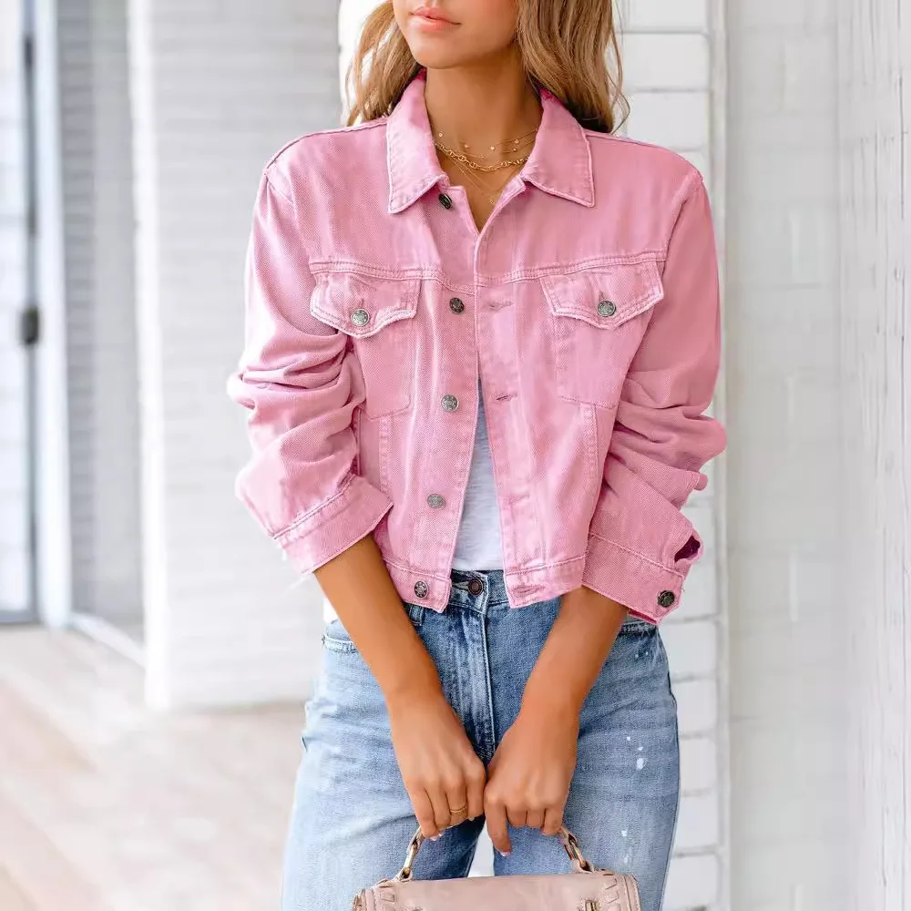 

Pure Color Women's Denim Jacket Single-breasted Lapel Coat 2025 Fashion Casual Tops Outerwear Short Vest Jackets Female Overcoat