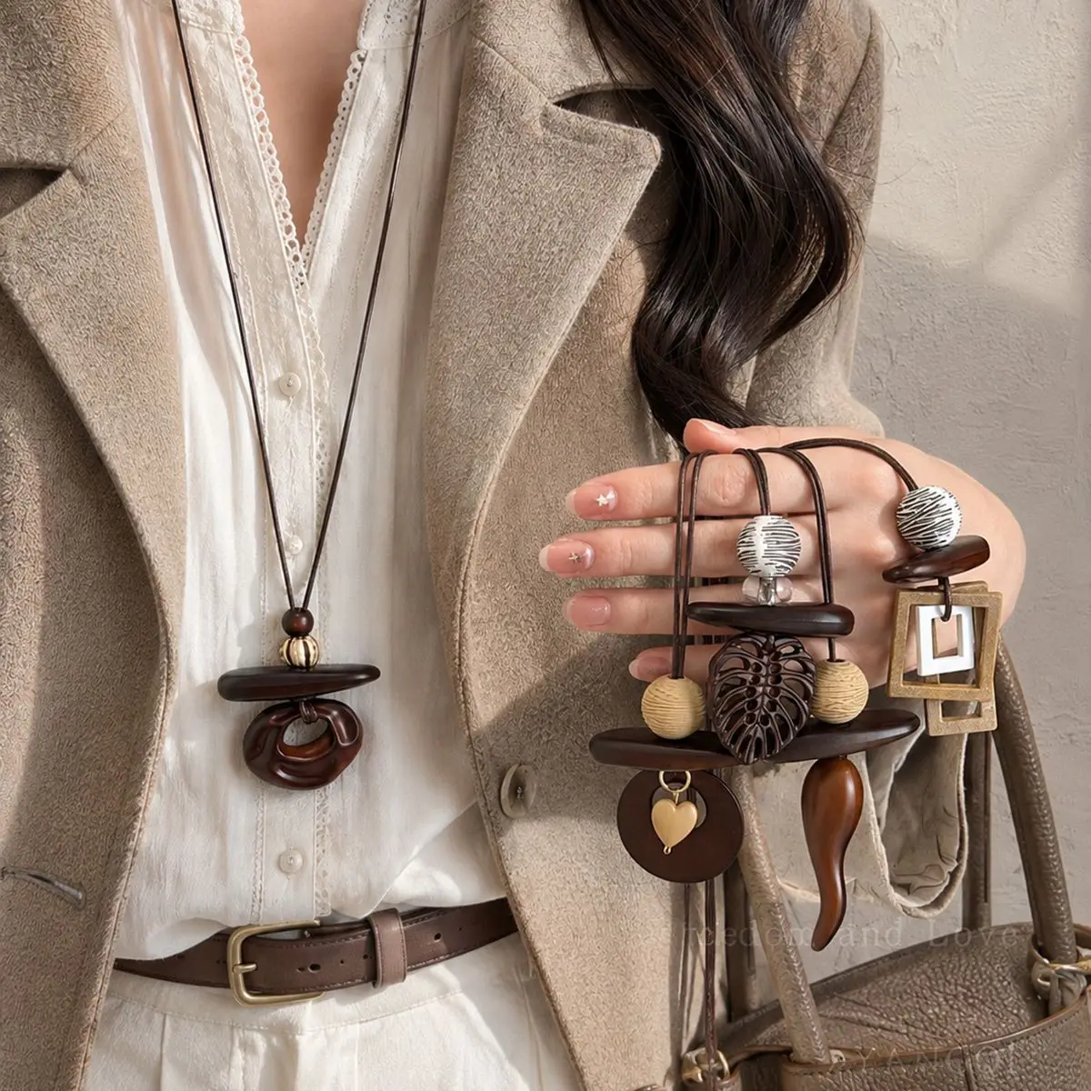 Necklace Wooden Geometric Pendant Vintage Ethnic Style Sweater Chain Women Brown Premium Lightweight Daily Party Travel Gift