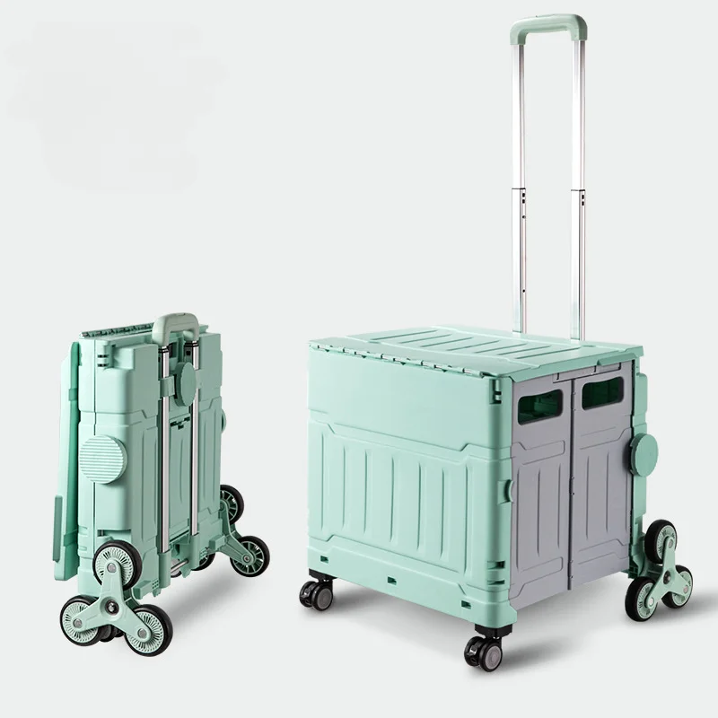 

Folding Portable Rolling Crate Handcart Shopping Trolley Wheel Box Lid Collapsible Grocery Storage Foldable Utility Cart