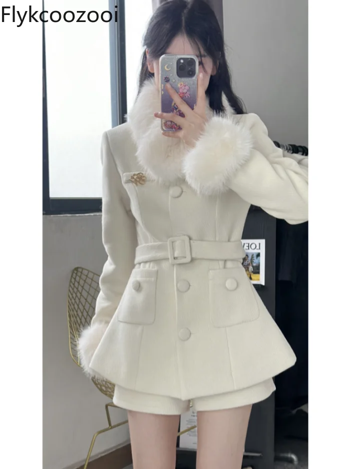 Imitation Fox Fur with Receiving Waist Wool Coat Women\'s Winter High-waisted Shorts Winter Two Piece Sets Womens Outifits