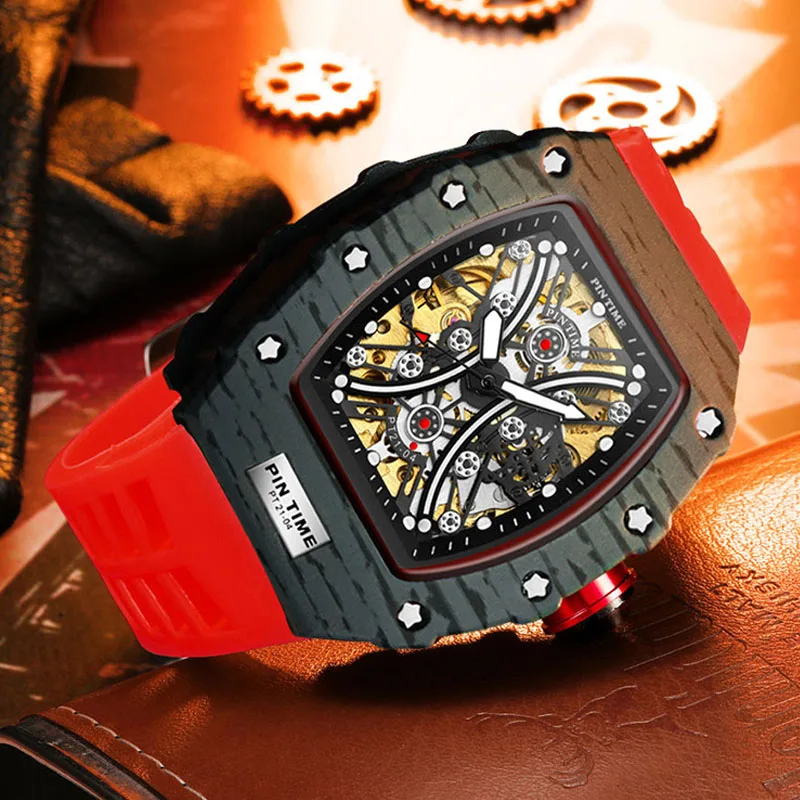 

PINTIME Новые полые полностью автоматические механические часы с дизайном в форме бочонка Модный тренд Стиль Мужские механические часы