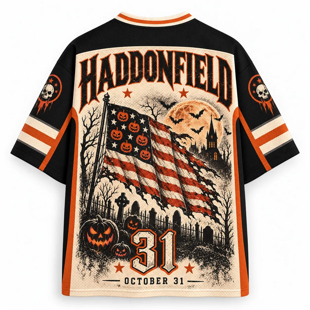 Halloween Jersey, Jack-o'-lantern Pumpkin American Flag Haunted Castle Graveyard 3D Print Unisex Streetwear for Trick or Treat