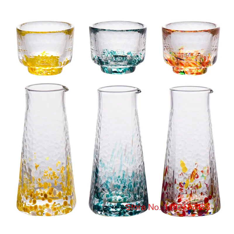 5 Pc Crystal Color Dot Hammer Pattern Sake Set 1 Pcs Sake Bottle And 4 Pcs Sake Cups Japanese Style Wine Decanter Shot Glass Set