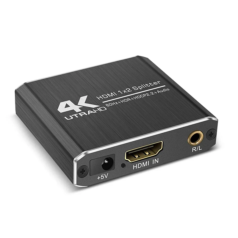 4K UTRA HD HDMI kompatibel 2.0 1X2 Splitter 1 in 2 Out kotak saklar Adaptor mendukung 4K/60Hz YUV4:4:4 HDR 2.2 dan Audio R/L Output