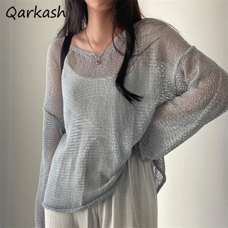 Long Sleeve Pullovers Women Hollow Out Knitted Sun-proof Spring Summer Chic Thin Ulzzang New All-match Solid Tops Casual Outwear