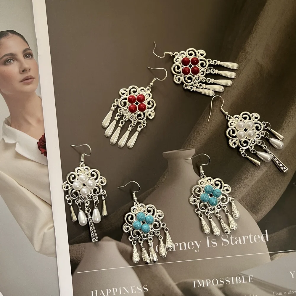 الهندي خمر المؤكسد الفضة اللون المعادن انخفاض الأقراط للنساء بوهو الأزرق الأسود حجر أقراط أذن منسدلة مجوهرات العرقية العربية #2