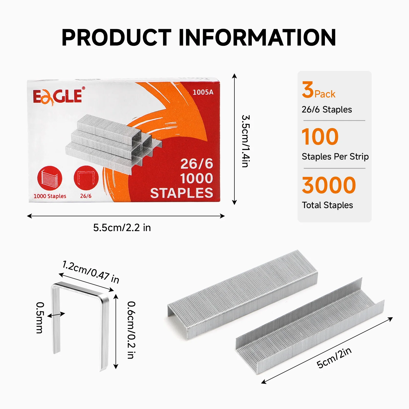 Grampos Eagle No.24/6, perna de 1/4”, pacote a granel de 3 caixas, 3000 peças no total, 1000 unidades por caixa, acessórios de encadernação para escritório e escola