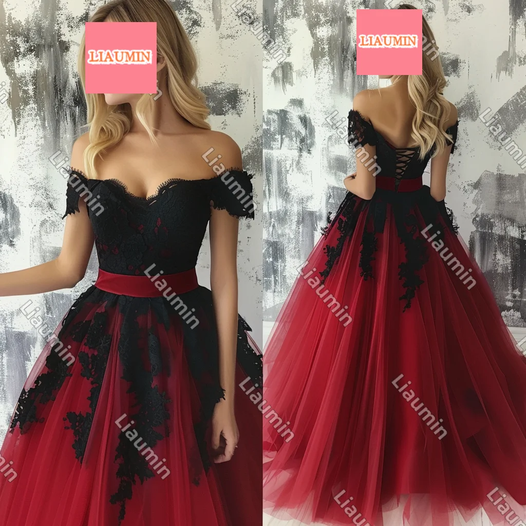 

New Custom Made Red Tulle Black Lace Applique Spaghetti Strap Lace Up Back Evening Prom Dresses Full Length Formal Skirt W17-2.3