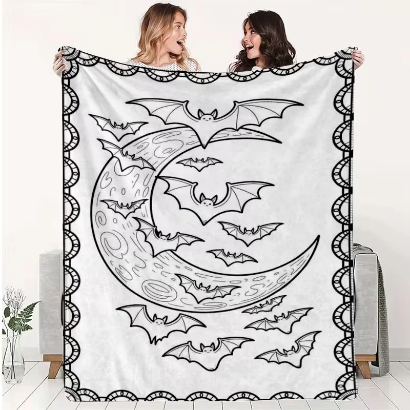Black White Crescent Moon Bat Line Art Blanket Coloring Page Style Soft Blanket Gothic Halloween Decor Sofa Bed Blanket