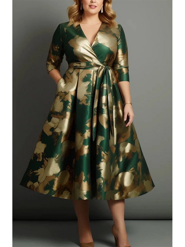 Floral Printed Satin Plus Size Dress for Women Sexy V-Neck Pleated A-Line Elegant Vintage Casual Half Sleeve Evening Midi Dress