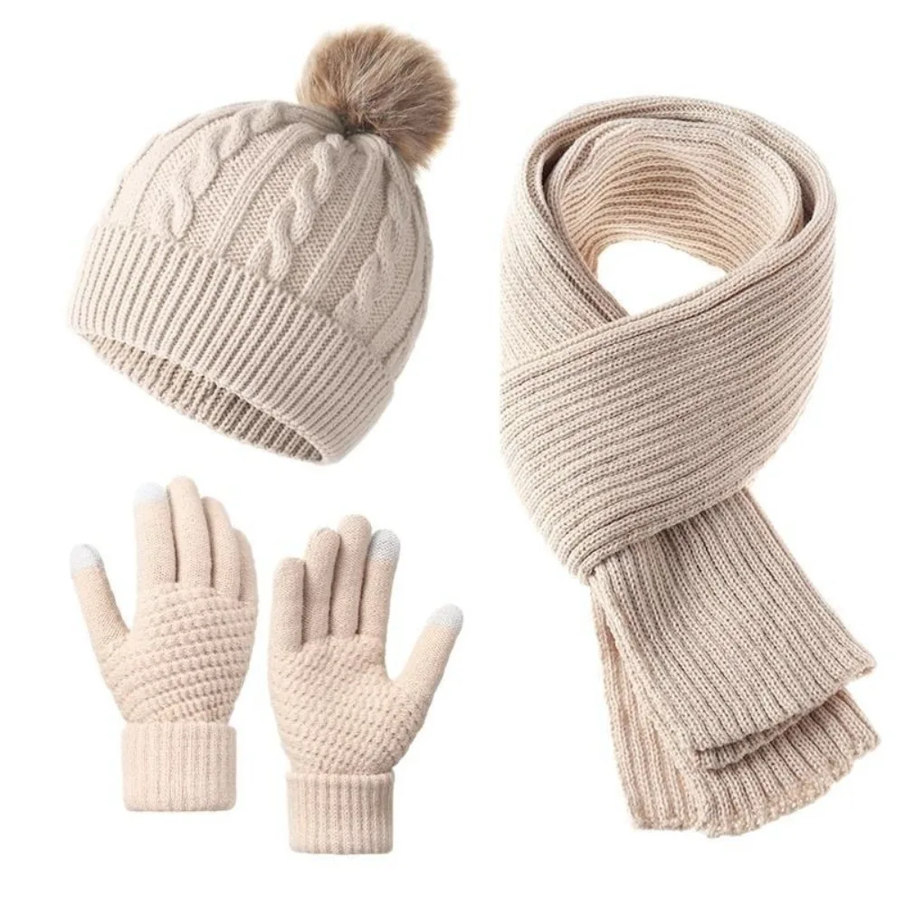 3Pcs/Set Cold Proof Scarf Hat Gloves Set Touch Screen Warmer Mittens Woolen Hat Acrylic Fibers Plush Ball Pullover Cap Outdoor