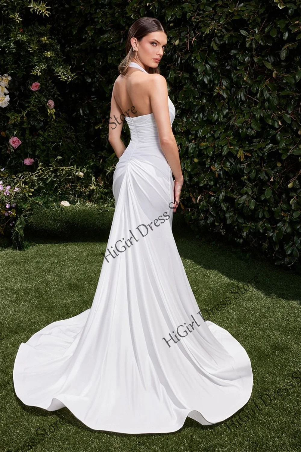 Sexy Satin Halter Sweetheart Pleated Corset Mermaid Wedding Dresses With Split Sleeveless Prom Gowns Backless Long Evening Gowns