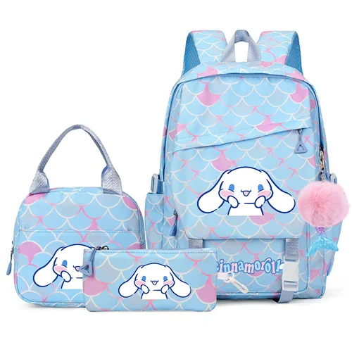 Mochila para chico de escamas de pescado Cinnamoroll de 3 uds con colgante de sirena, bolso escolar para el almuerzo para niña, mochila escolar para niños y adolescentes