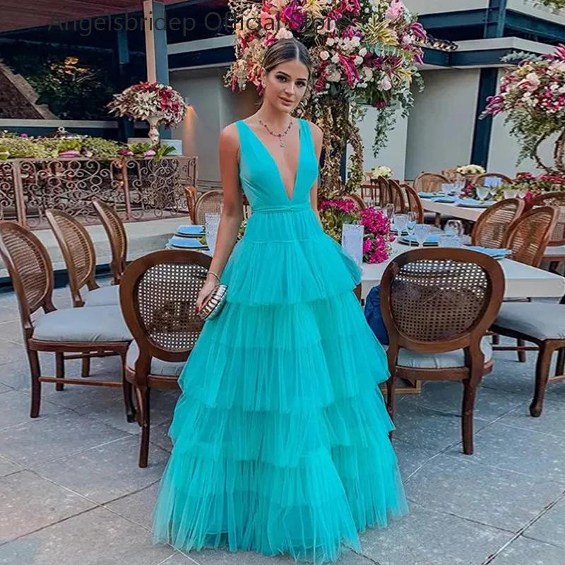 

Angelsbridep A-line Tulle Prom Dresses Sexy V-Neck Tiered Robe De Soiree Vestidos De Fiesta Elegantes Para Mujer Party Dresses