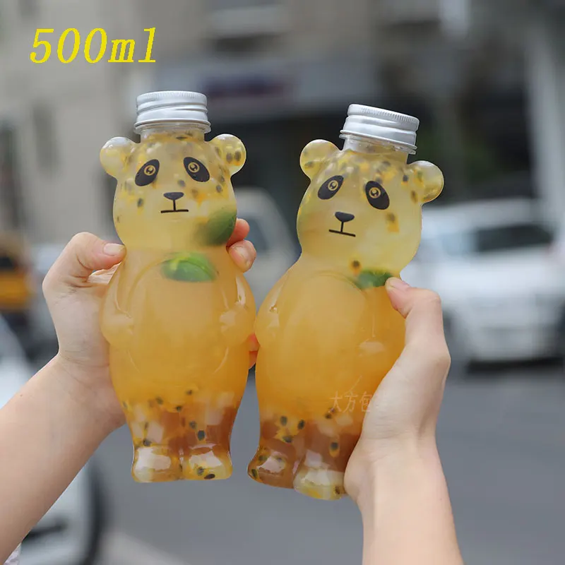 10pcs 500ml cartoon plastic panda bottle cold drink milk tea juice transparent disposable party birthday packaging cup with lid