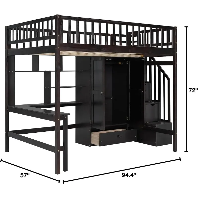 Full Size Loft Beds Stairway Bed Frame with Wardrobe, Desk, Bookcase and Drawers, Espresso