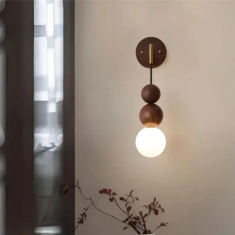 Wooden Style Single-head Retro Homestay Bar Counter Tea Room Japanese Walnut Wood Wabi-sabi Style Bedroom Bedside Wall Lamp