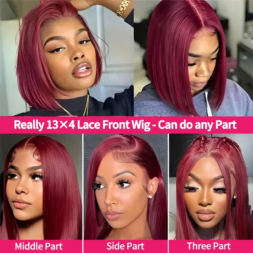 Parrucca Bob bordeaux 99J Parrucche Bob frontali in pizzo 13x4 14 pollici Pre pizzicate Parrucche Bob corte diritte colorate 99J per le donne nere