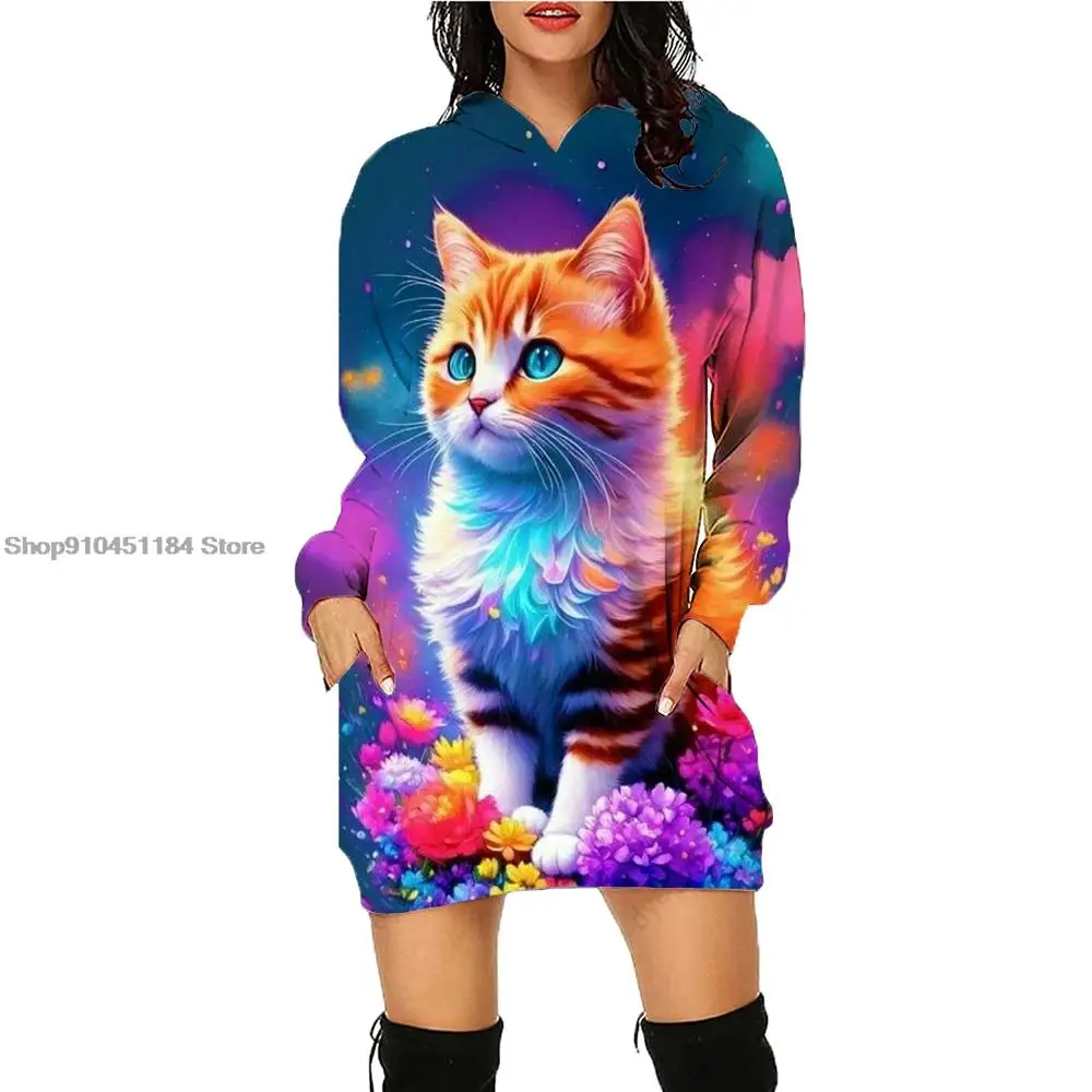 Autumn Winter Cute Cat Fashion Women Hoodie Dress Daily Versatile Retro Hoodies Casual Pullover Loose Street Sweatershirt Top