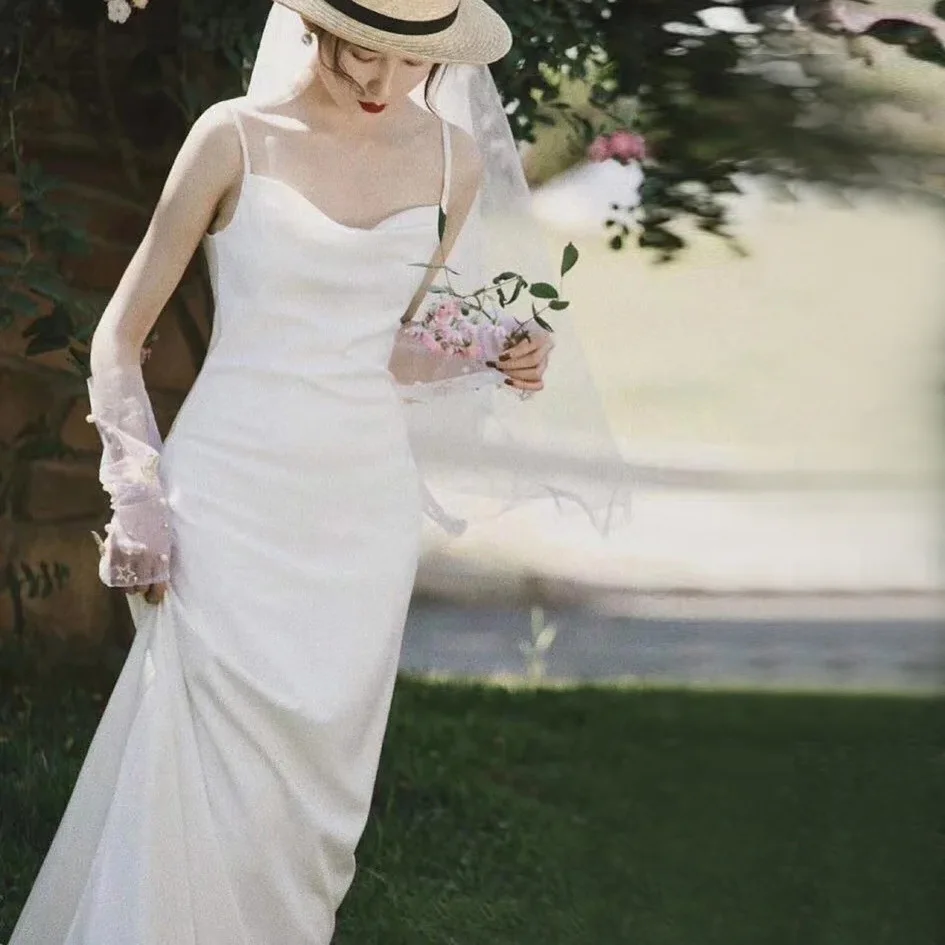 N128 Sleeveless Satin Wedding Dress Fashion Lady Gown Sweet Memory A-Line Floor Length Graduation Gowns Party Dress