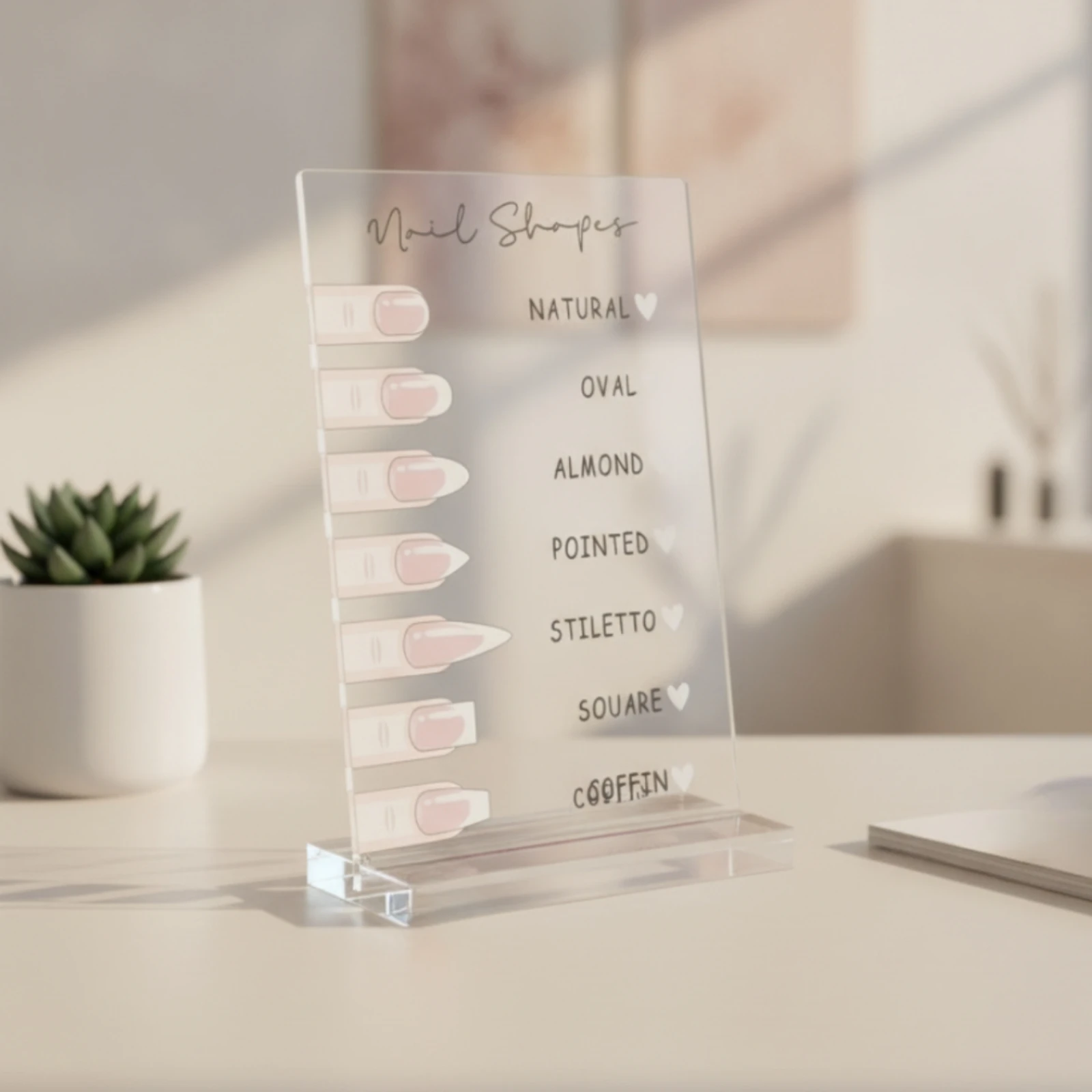 Nail Shape Sign with Base Clear Manicure Shape Reference Chart Easy-to-Read Self-Standing for Manicurists, Beauty Studios