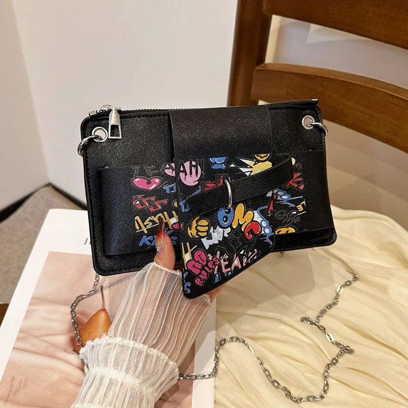 Cartoon print Chain Women's PU Mobile Phone Crossbody Bag For Daily Commute Office Work Solid Color Shoulder Bag Small Purses