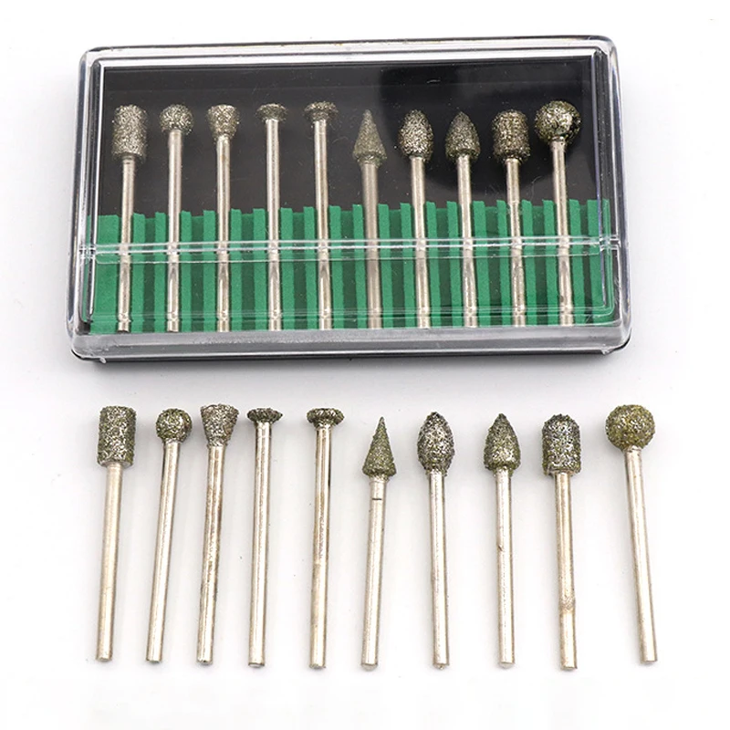 10 pz mola diamantata mista testa 3mm gambo 46 # lucidatura frese Abrasive punta da trapano montata per utensili rotanti Dremel