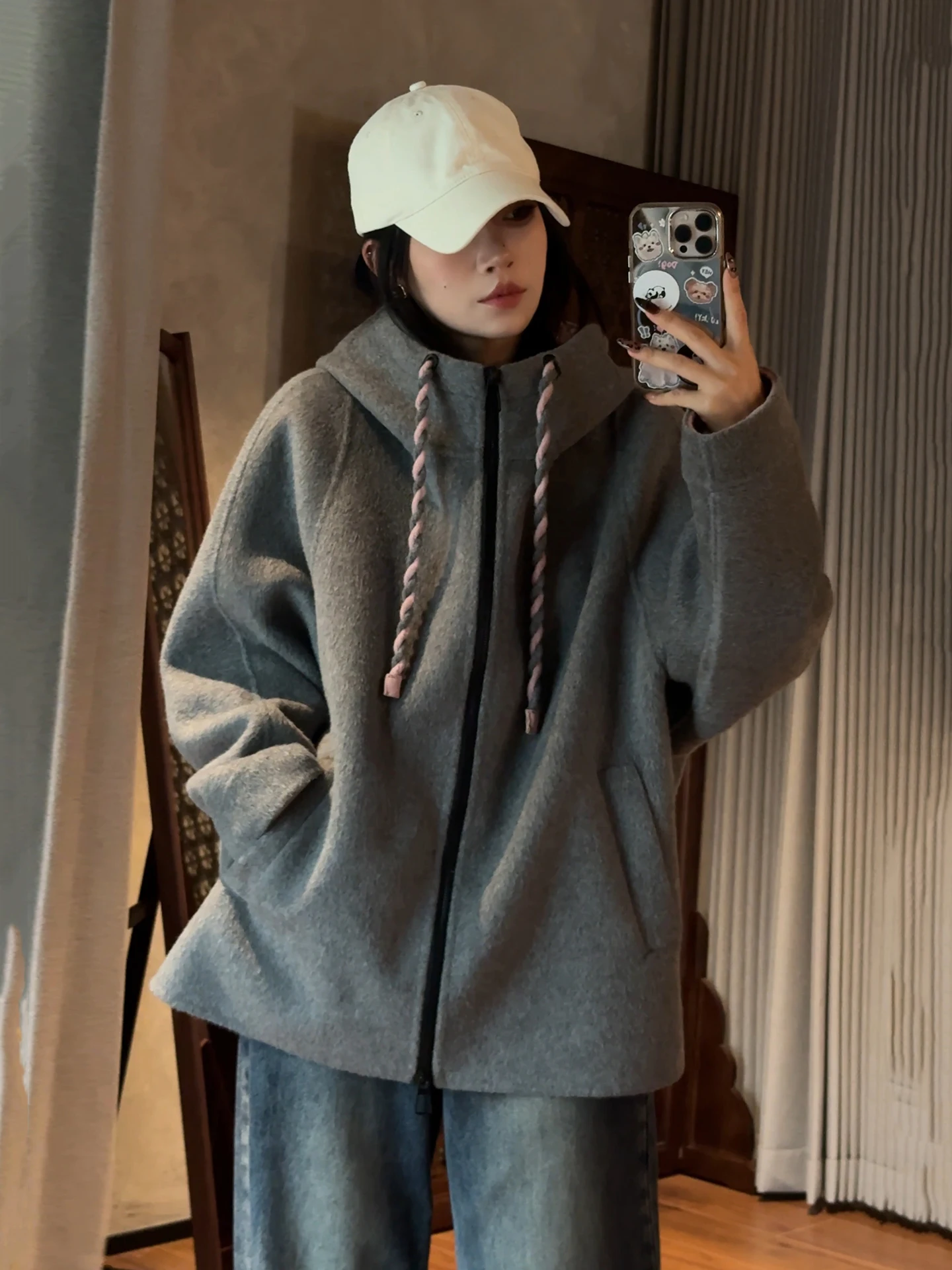 

Master Yang's Double-Faced Woolen Coat Medium-Length Wrap Sle Camel Hair Blend Fce-Lined Zipper Closure Hooded Jaet