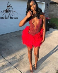 Red O Neck Short Prom Dress Black Girls For 2024 Crystal Beaded Birthday Party Gown Rhinestone Feathers Mini Cocktail Customized