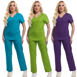 Cor sólida respirável enfermagem esfrega uniformes femininos elasticidade pet clínica enfermeira workwear médico roupas finas atacado