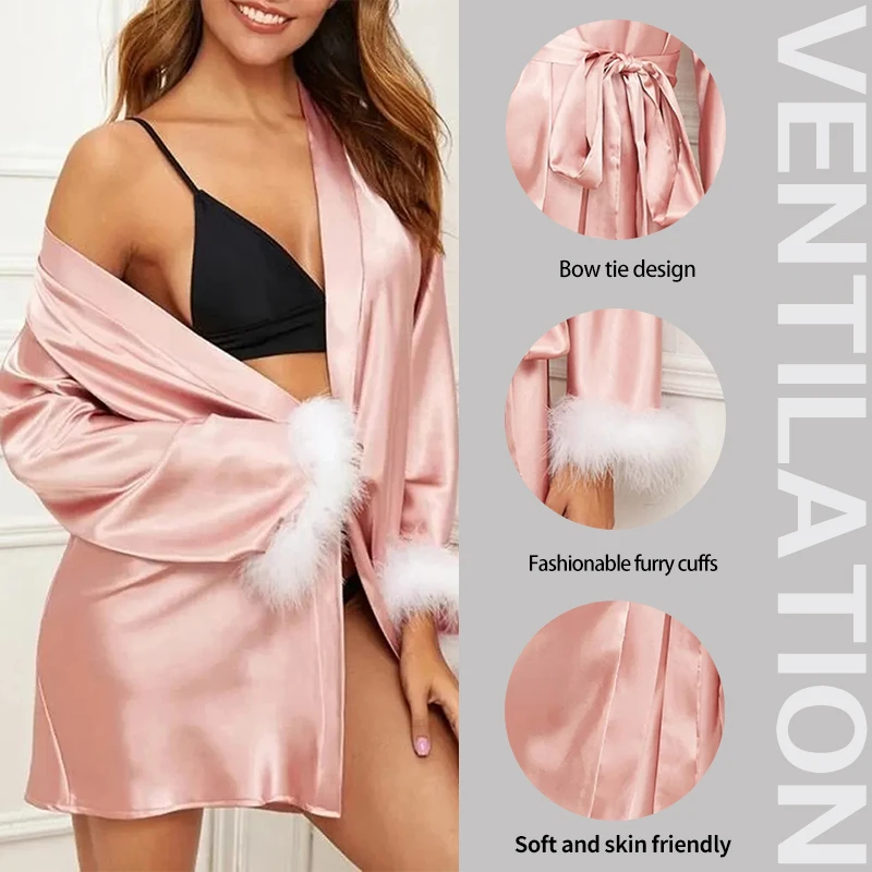 Sexy New Women\'s Plain Satin Long Robe Cardigan with Feather Cuffs and Waistband Loose and Comfortable Pajamas