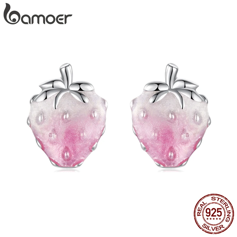 BAMOER 925 Sterling Silver Transparent Strawberry Stud Earrings Pink Enamel Earrings Original for Women Hypoallergenic Lovely