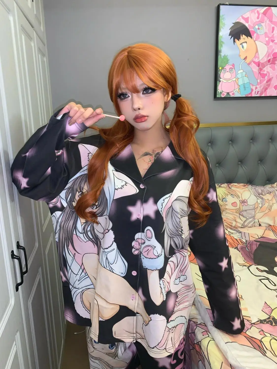 

Пижамный комплект в японском стиле аниме, женская одежда для дома с длинными рукавами, кавайный наряд из двух предметов, эстетичная домашняя одежда Goblincore, 2025 г.